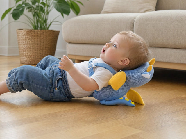 Baby kippt auf Parkett nach hinten und landet auf dem Purzelpolster