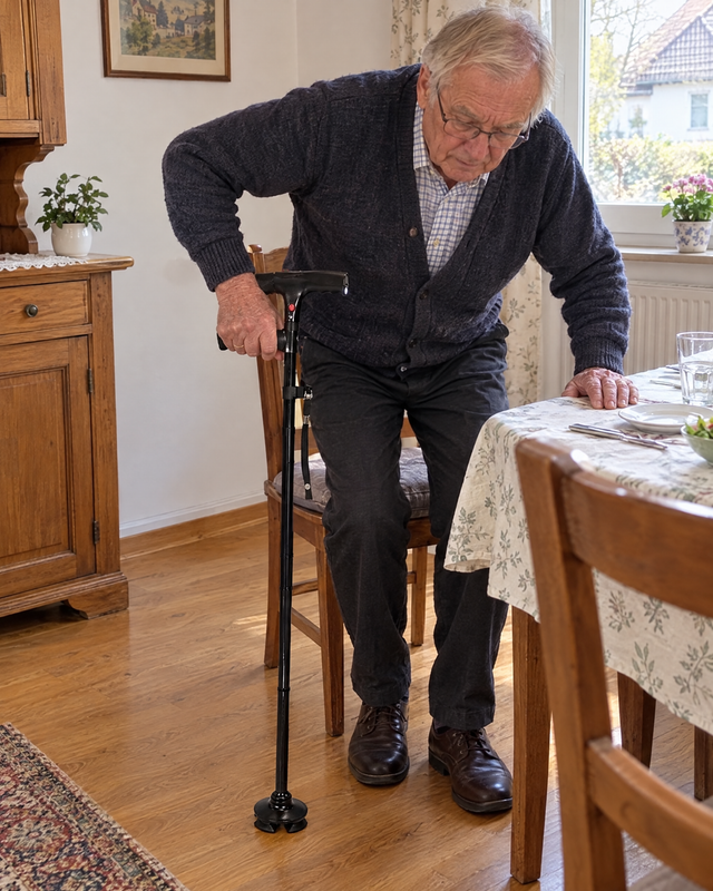 Kunde steht vom Esszimmerstuhl auf